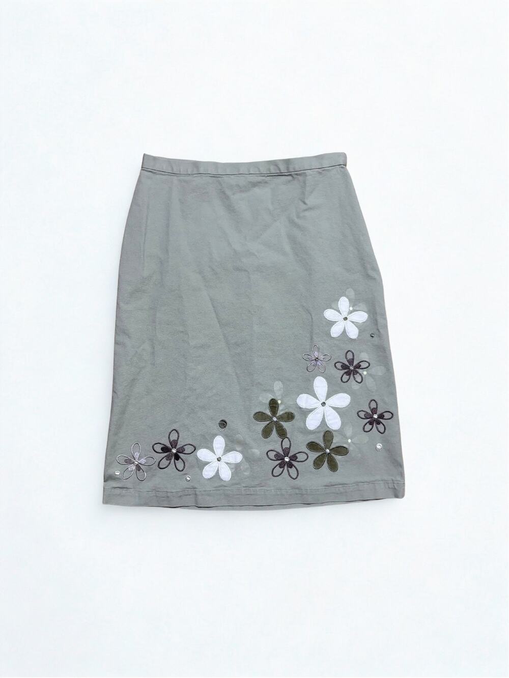 Vtg Y2K Christopher & Banks Army Green Midi Skirt Brown Floral Appliques Size S